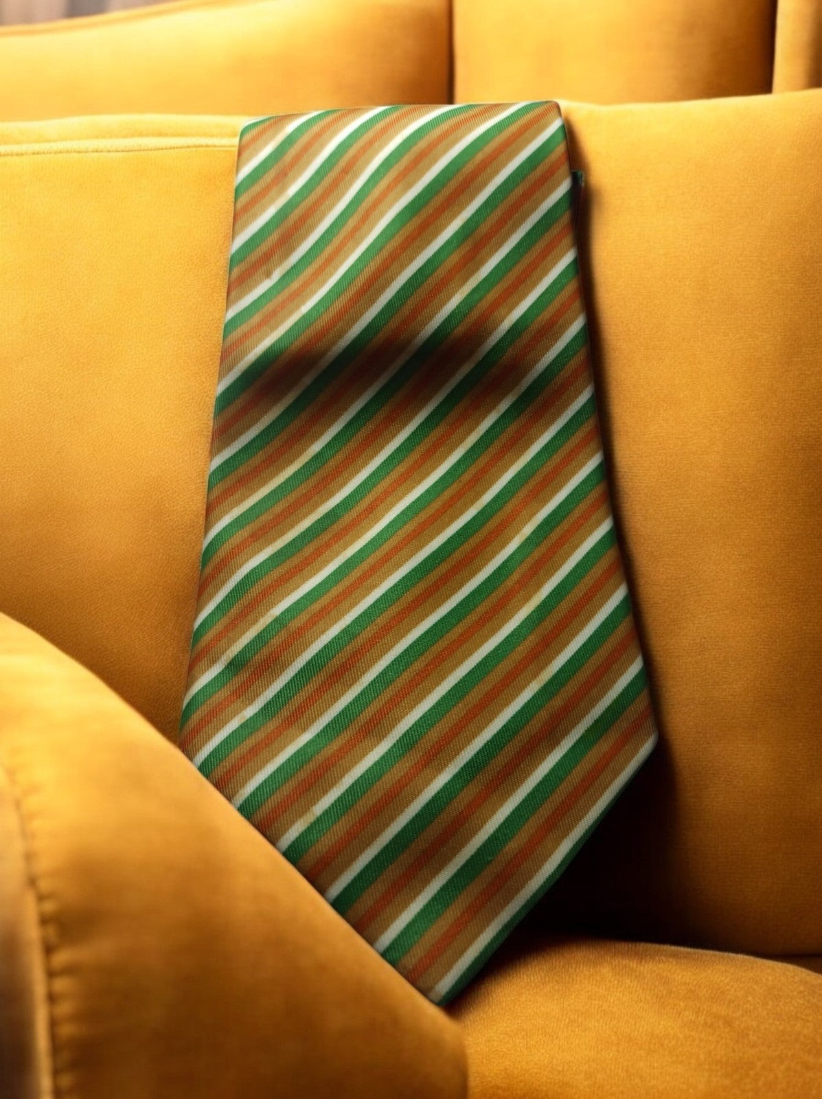 Cravate vintage rayée en soie verte orange élégante, style rétro homme