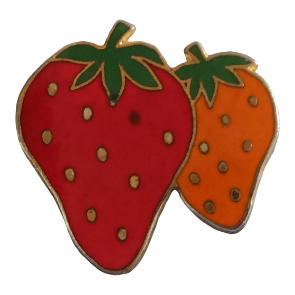 Broche vintage fraise fantaisie émaillée rouge orange, bijou rétro fruit