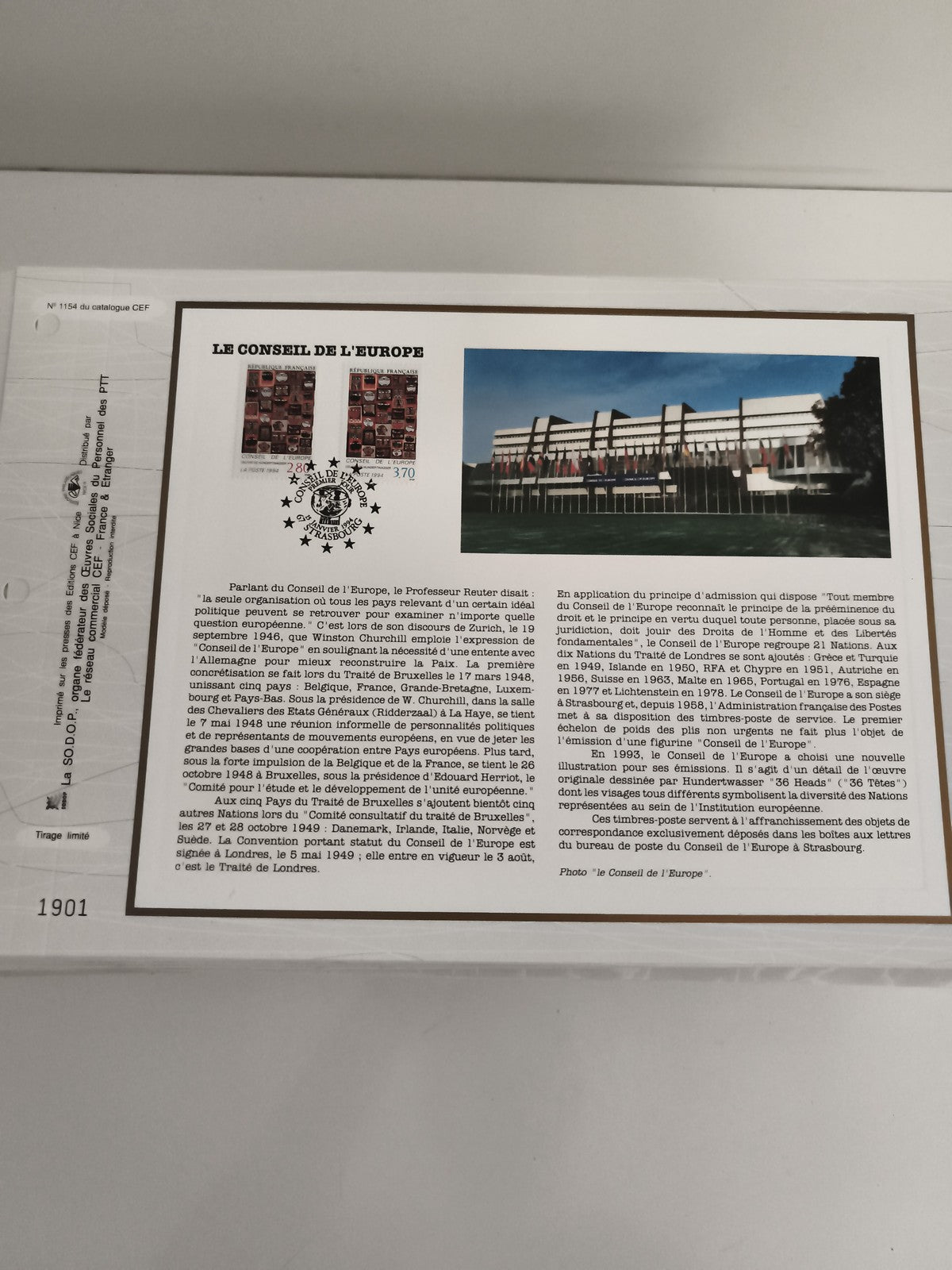 Feuillet CEF Conseil de l'Europe timbres France Strasbourg philatélie