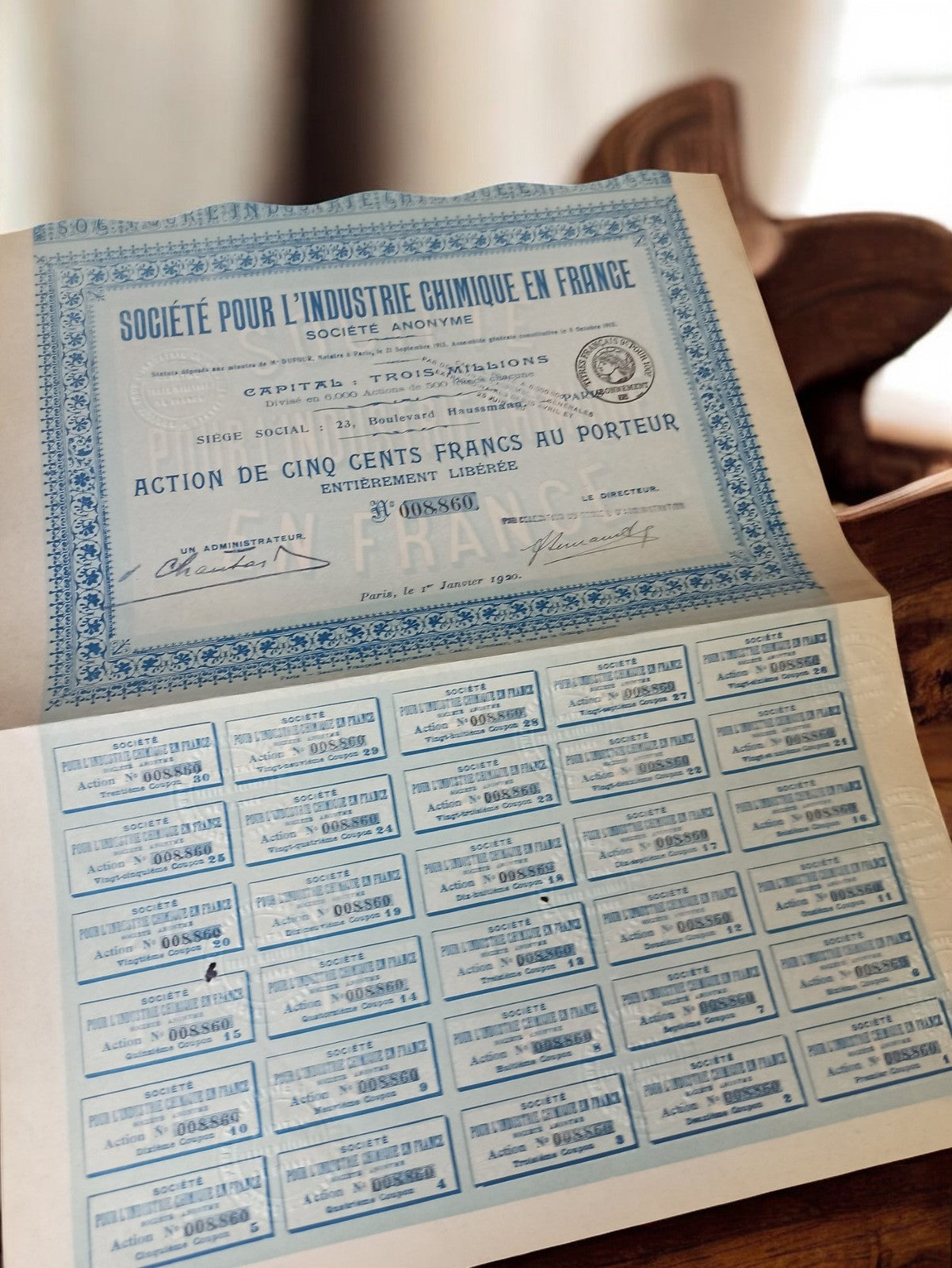 Action au porteur ancienne 1930 Société Industrie Chimique France document finan