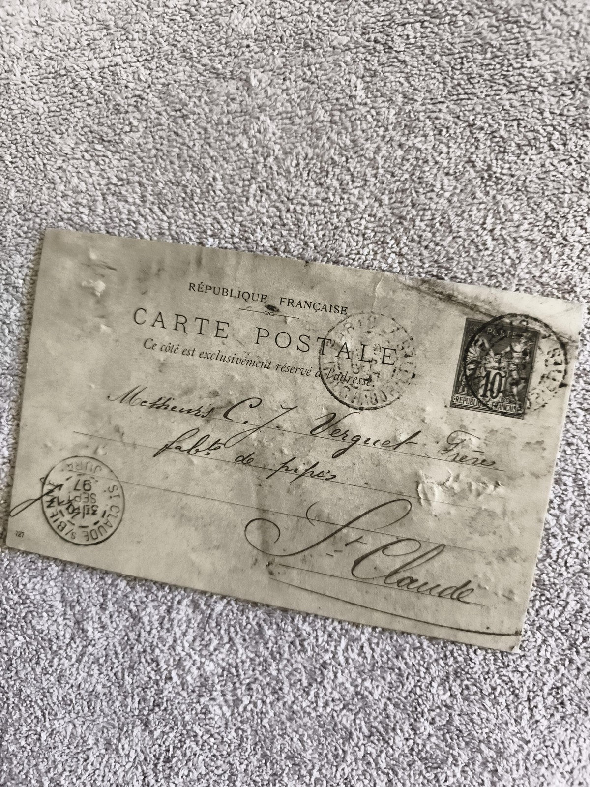 CPA carte postale France 10c Semeuse oblitérée St Claude début XXe