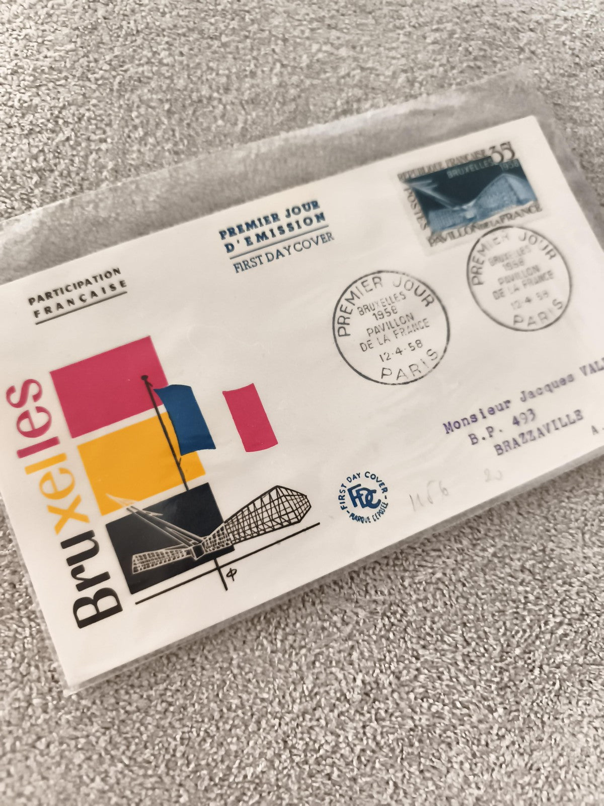 Lettre FDC Bruxelles 1958 premier jour Pavillon France philatélie ancien