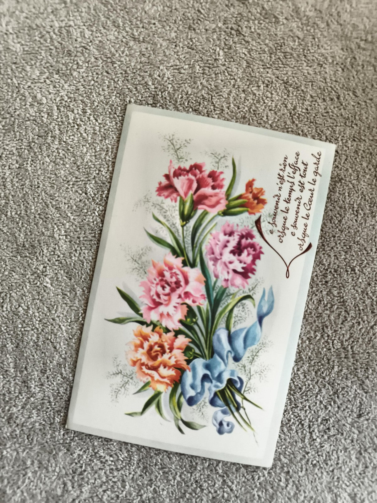 Carte postale illustrée fleurs œillet ruban bleu CPA
