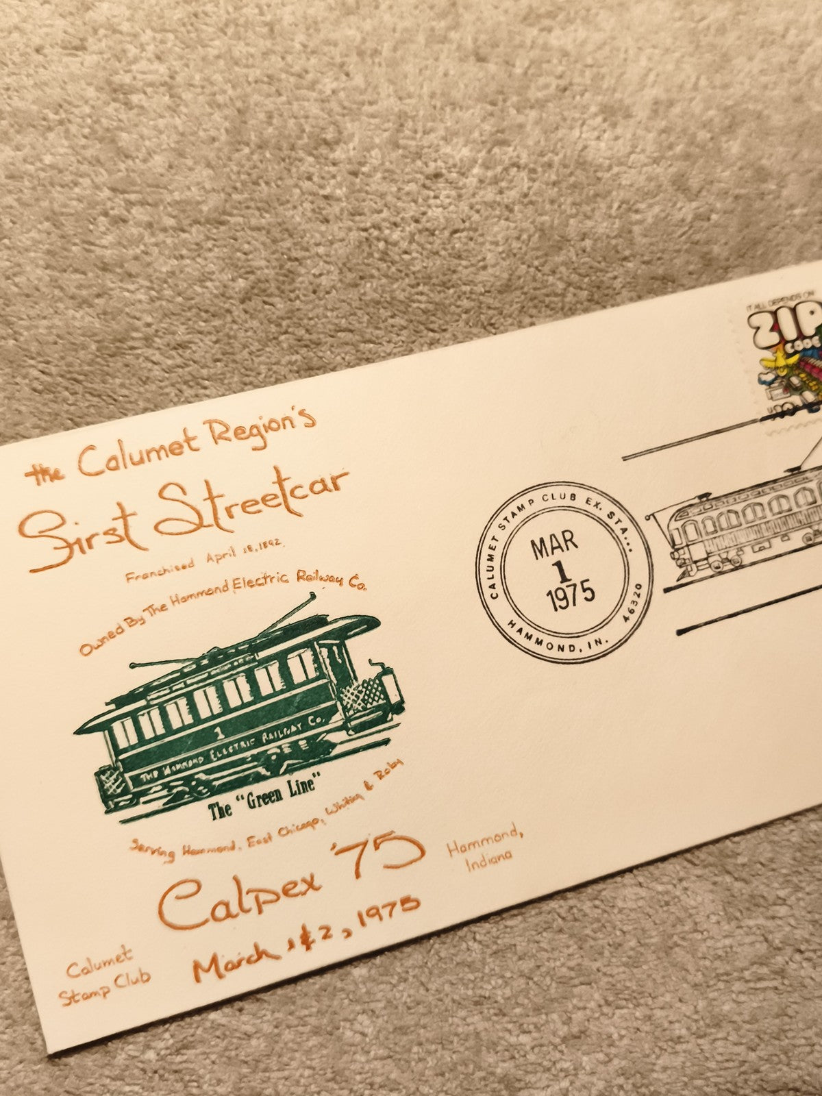 Enveloppe philatélique Calumet Streetcar Calpex 75 Hammond Indiana 1975 (Ref 27)