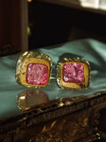 Paire boucles d'oreilles clips vintage dorées cabochon rose fantaisie ancien