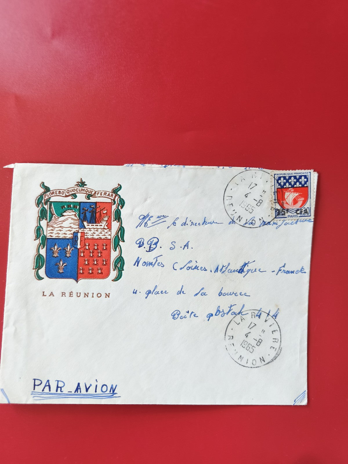 Enveloppe philatélie La Réunion affranchie, blason couleurs, cachet visible
