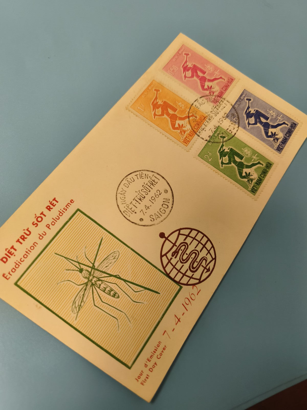 Ancienne enveloppe FDC Vietnam 1962 timbres multicolores paludisme