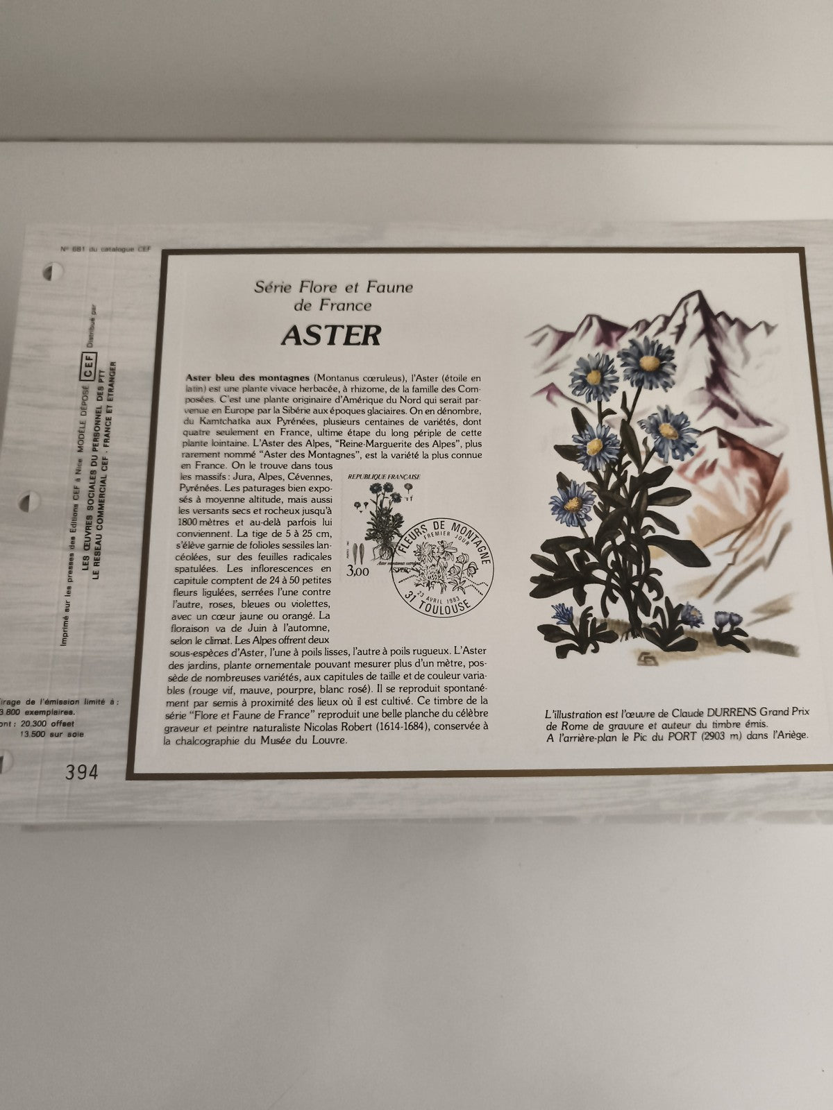 Feuillet CEF philatélie Flore Faune France ASTER oblitération illustrée