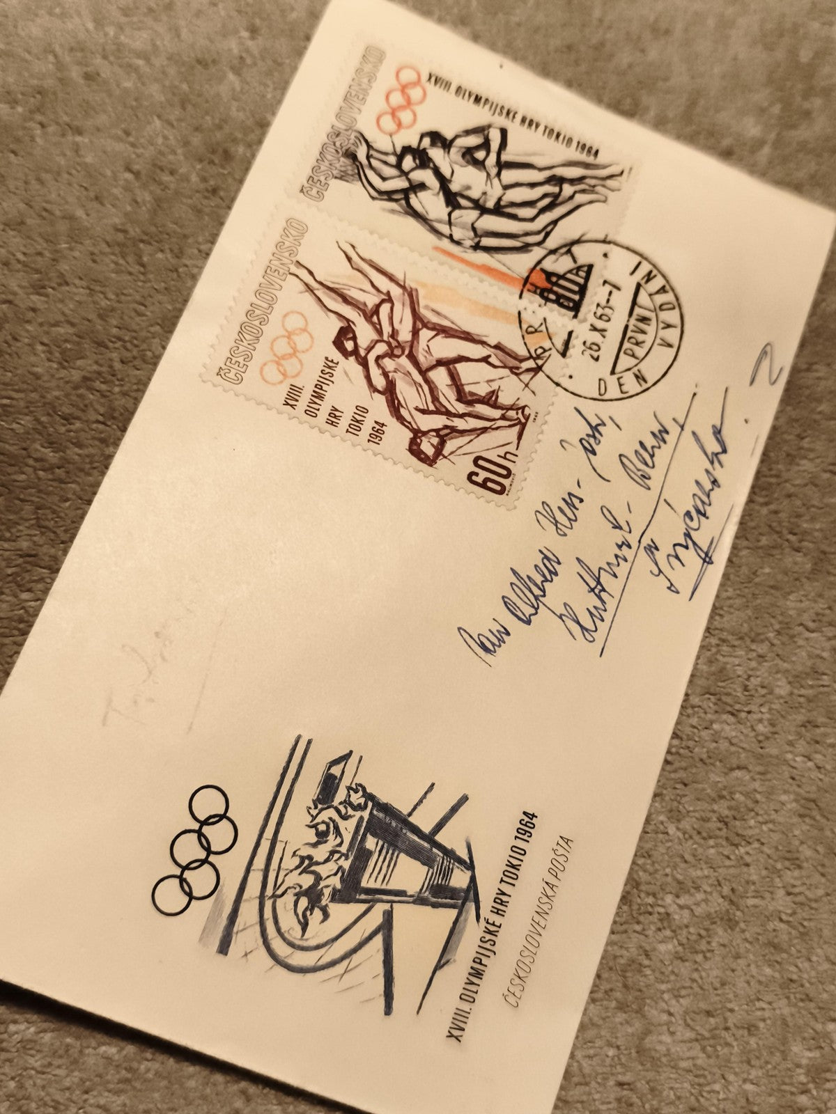 Lettre premier jour JO Tokyo 1964 Tchécoslovaquie timbres oblitérés olympiques