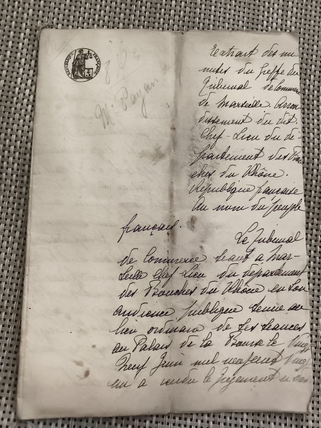 Ancien document manuscrit tribunal République Française XIXe Marseille