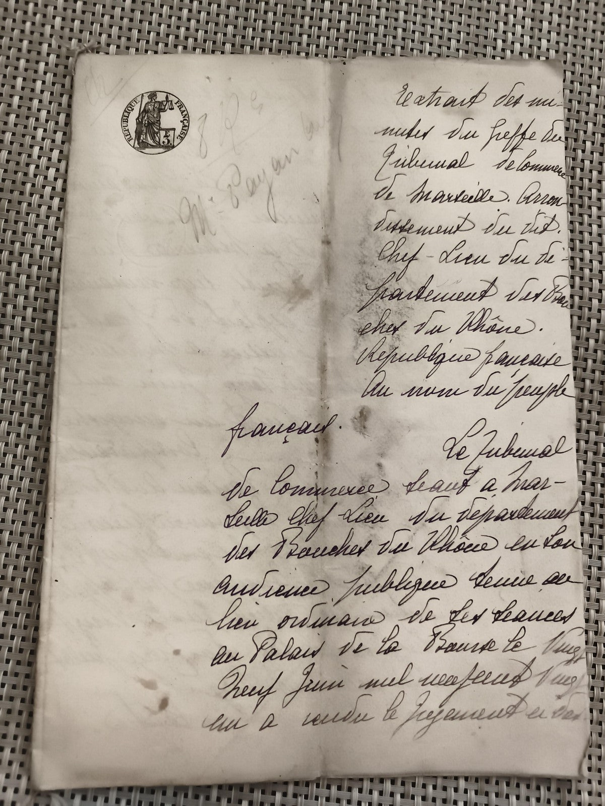 Ancien document manuscrit tribunal République Française XIXe Marseille
