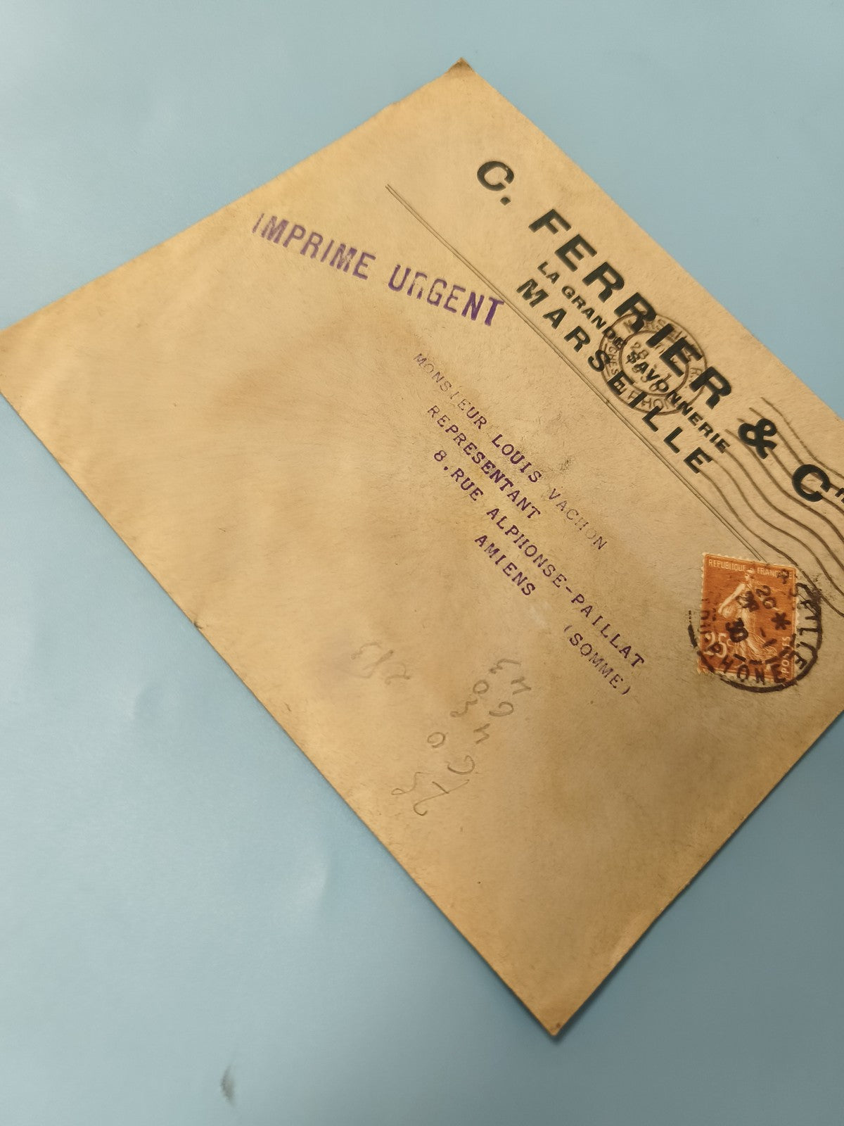 Ancienne enveloppe timbrée oblitérée Marseille philatélie imprimé urgent