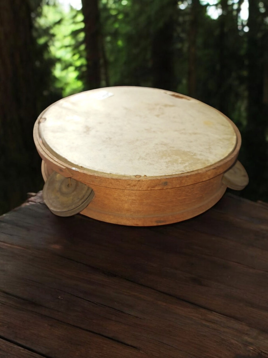 Tambourin vintage années 1950 français, bois clair, ancien instrument musique