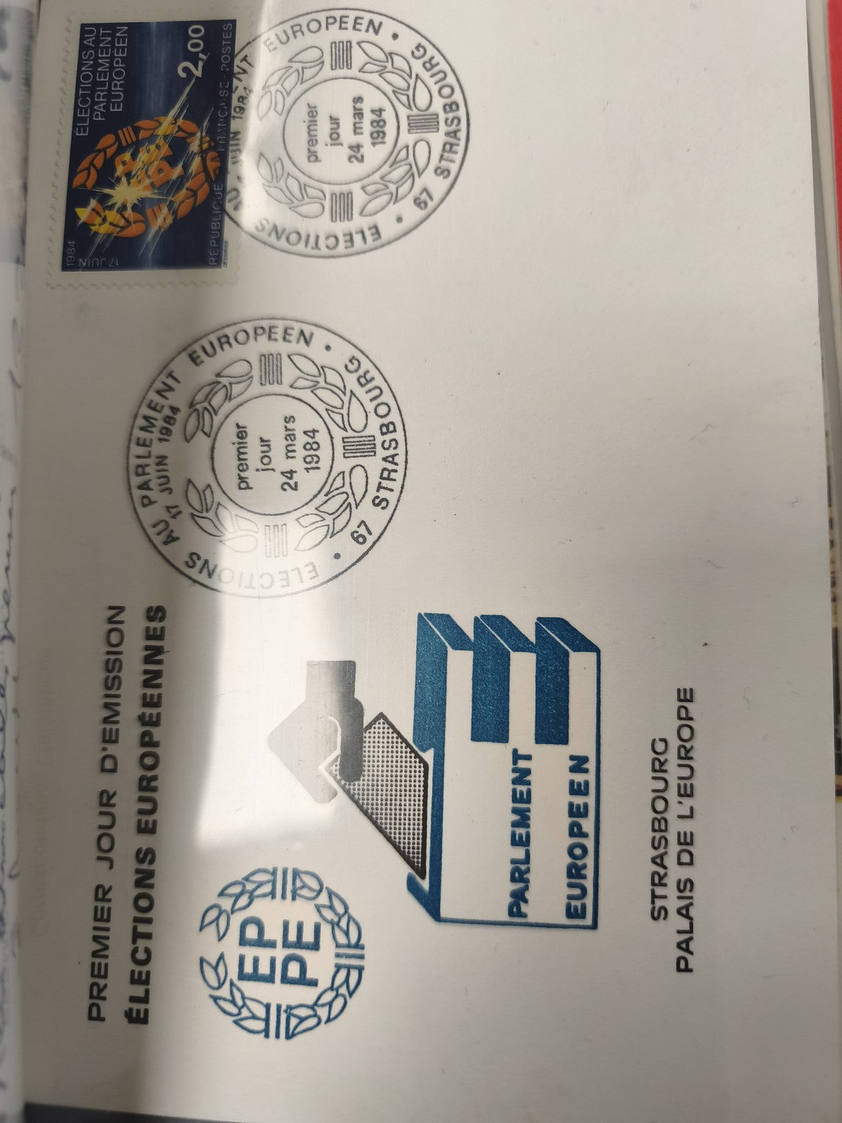 Ancien FDC 1984 Élections Parlement Européen Strasbourg timbre 2F bleu philatéli