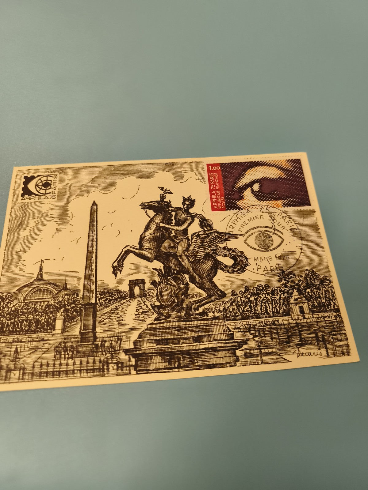 Carte postale philatélie Paris illustration monument timbre 1F oblitérée