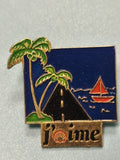Vintage pin's Shell j'aime, palmiers route mer voilier, collection rétro (Ref 9)