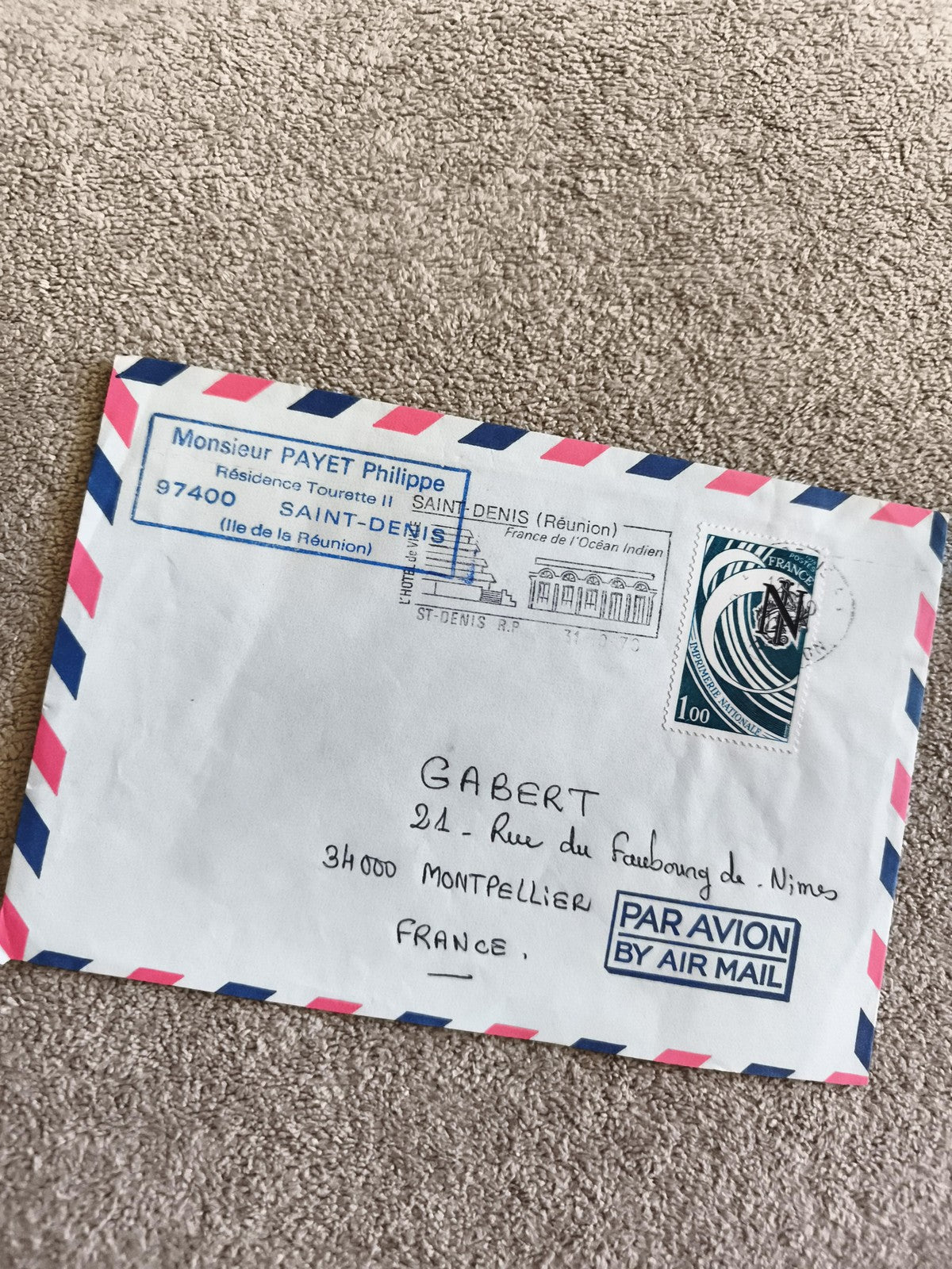 Lettre affranchie France Réunion 1,00F enveloppe avion timbre Saint-Denis philat
