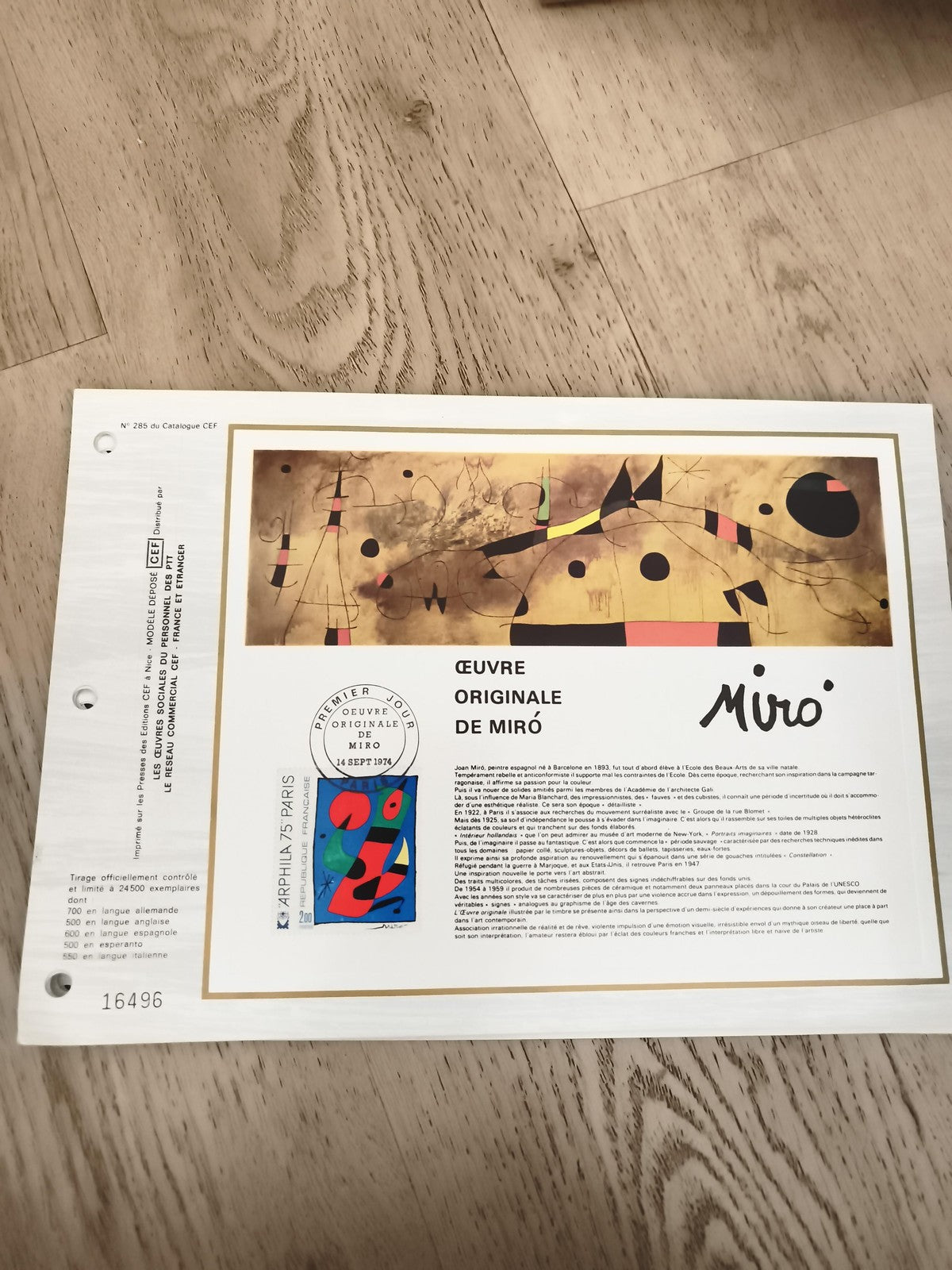 Bloc Premier Jour Miro CEF n°285 timbre Art abstrait philatélie France