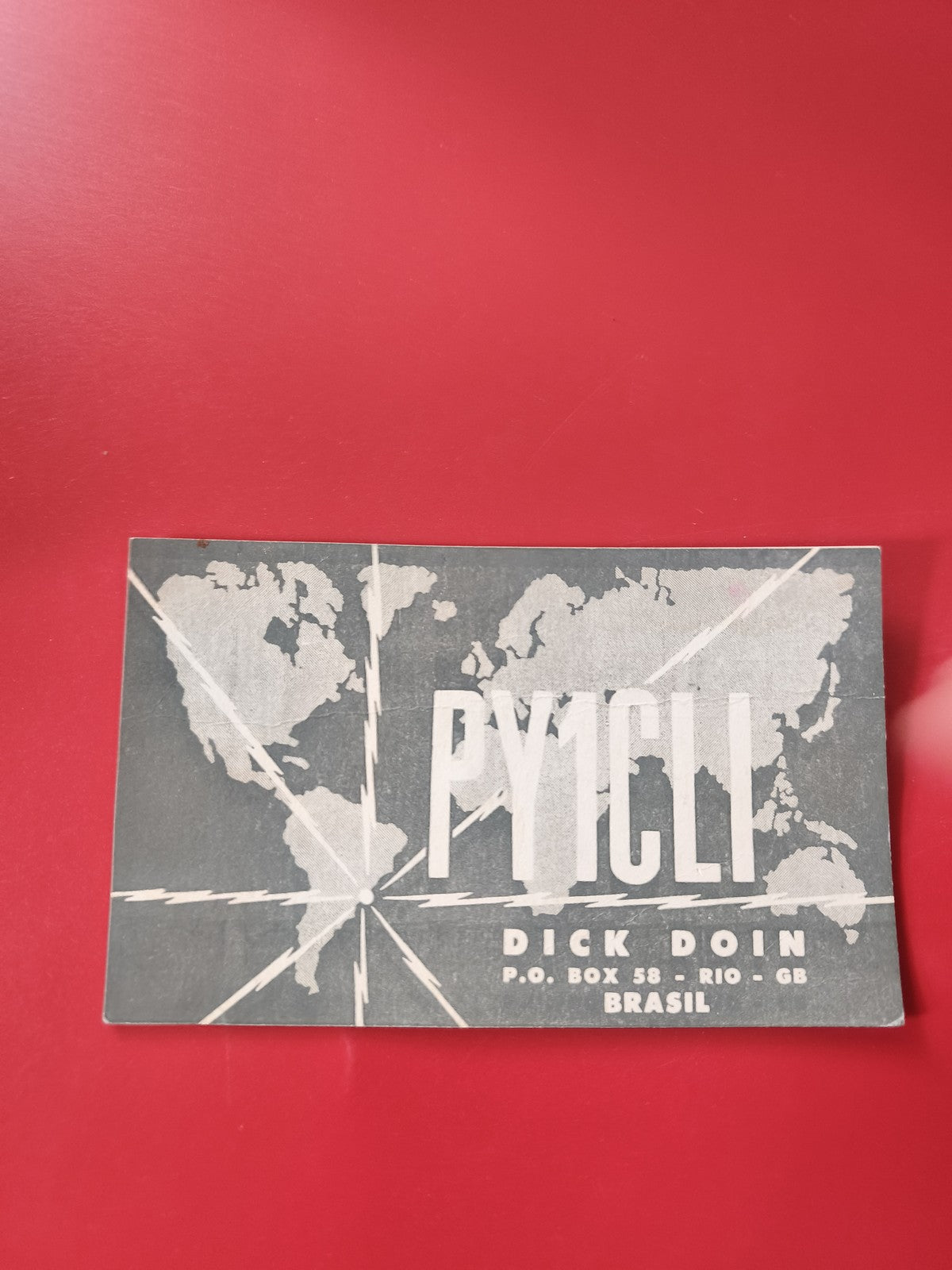 Carte radio PY1CLI Dick Doin Brésil, design noir et blanc, carte QSL