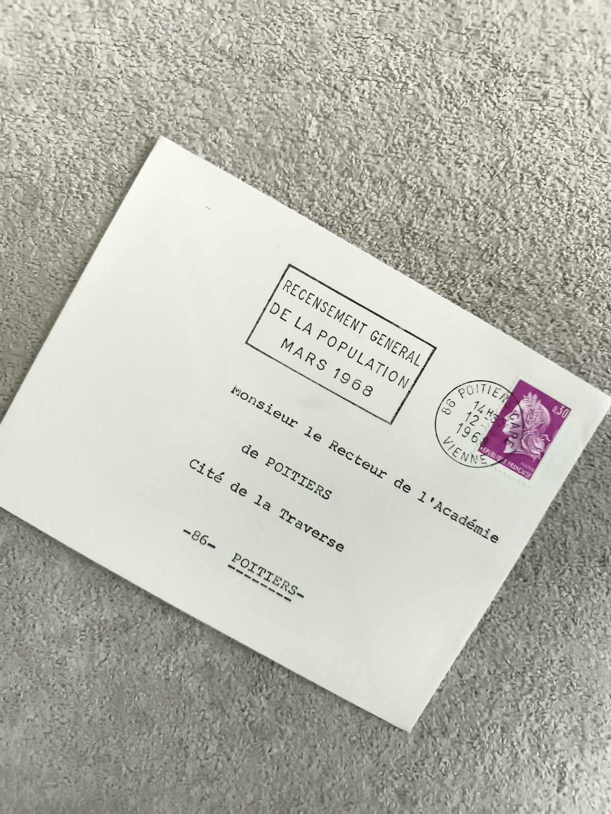 Lettre administrative 1968 Poitiers recensement timbre Marianne philatélie