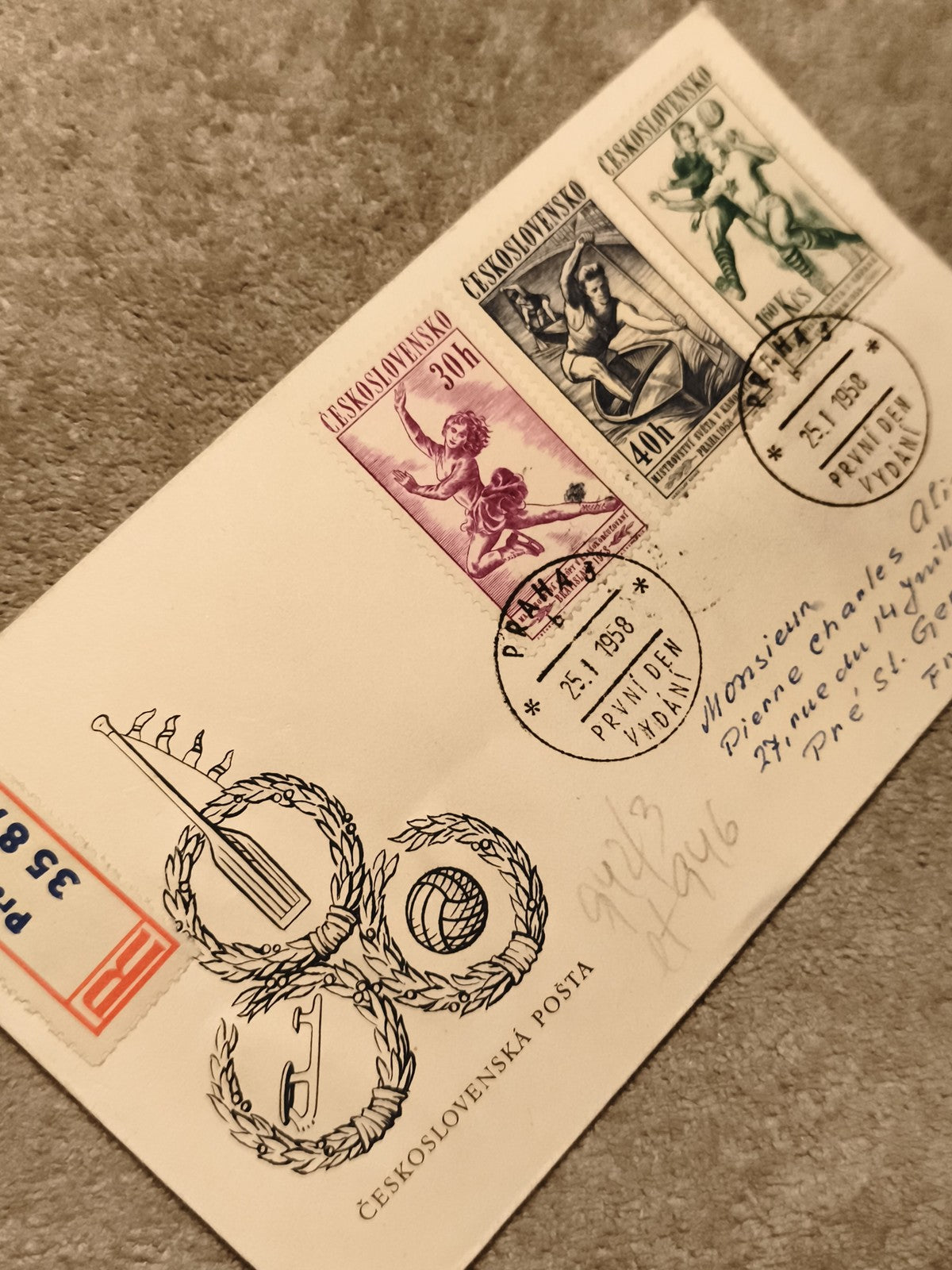 Carte premier jour Tchécoslovaquie 1958 timbres sportifs oblitérés philatélie