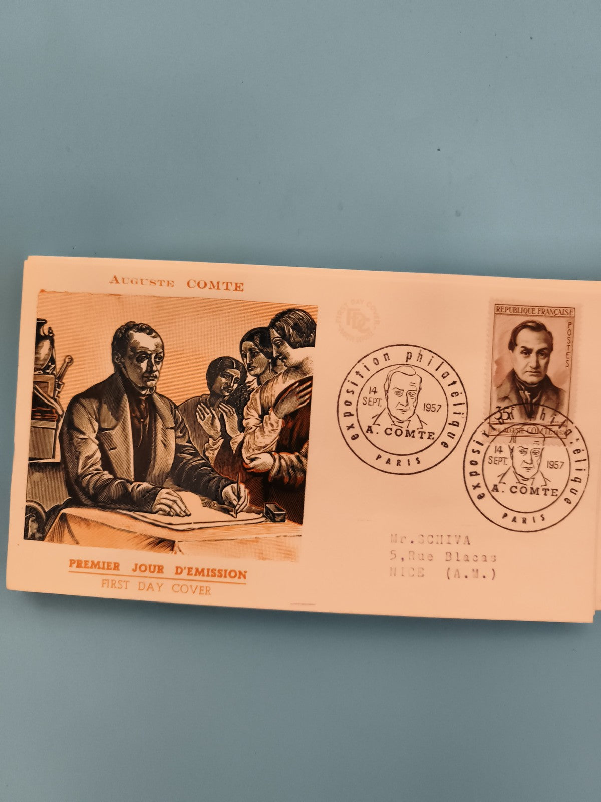 Lettre FDC Premier Jour Auguste Comte 1957 – Exposition Philatélique Paris