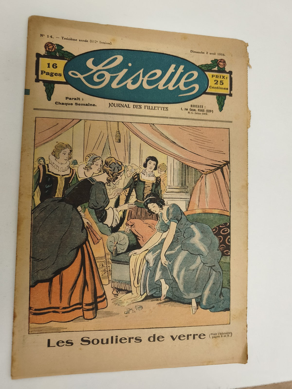 Journal ancien Lisette 1933 couverture couleur Les Souliers de verre vintage