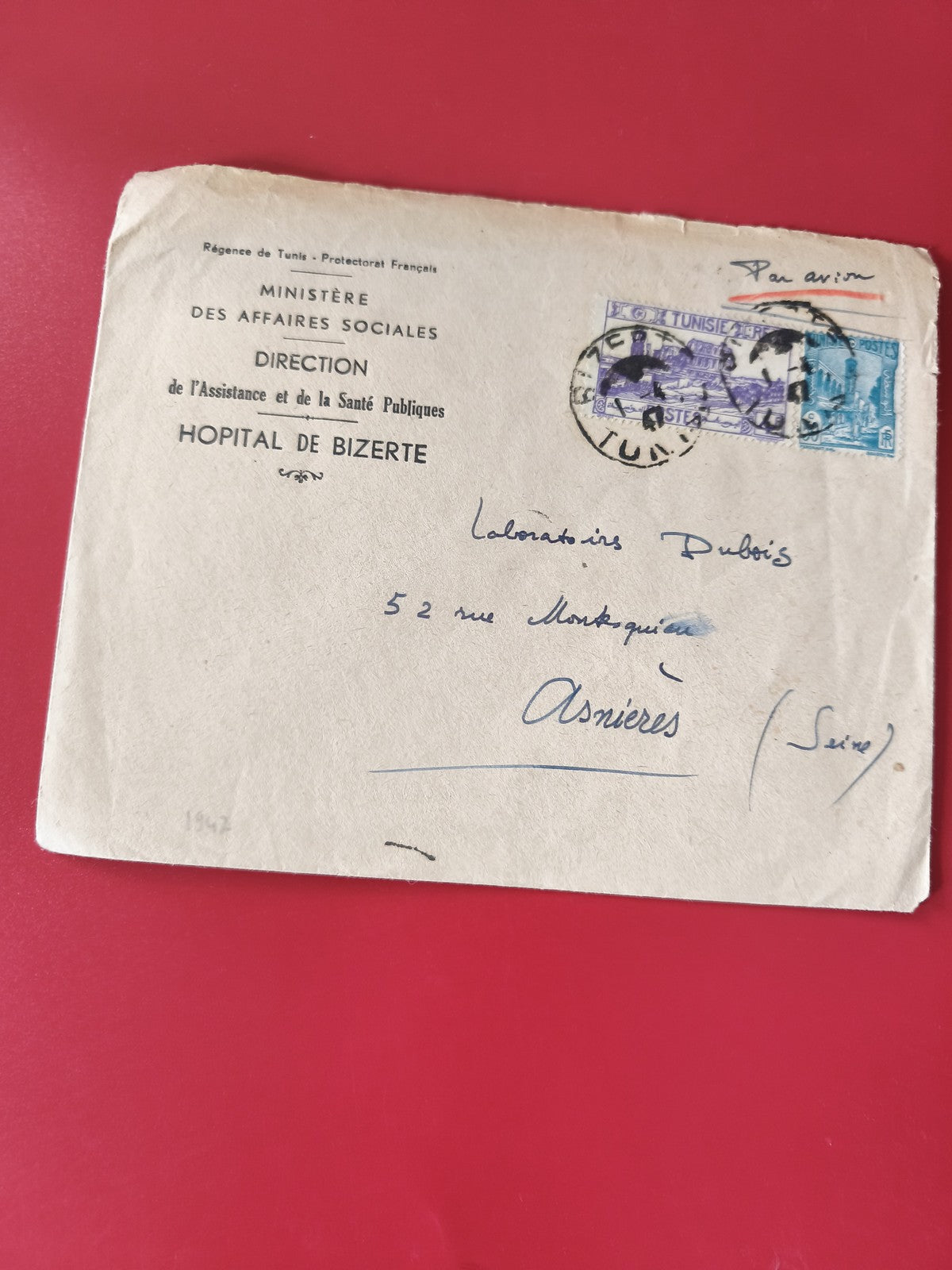 Enveloppe philatélie Hôpital de Bizerte Tunisie affranchie timbres visibles