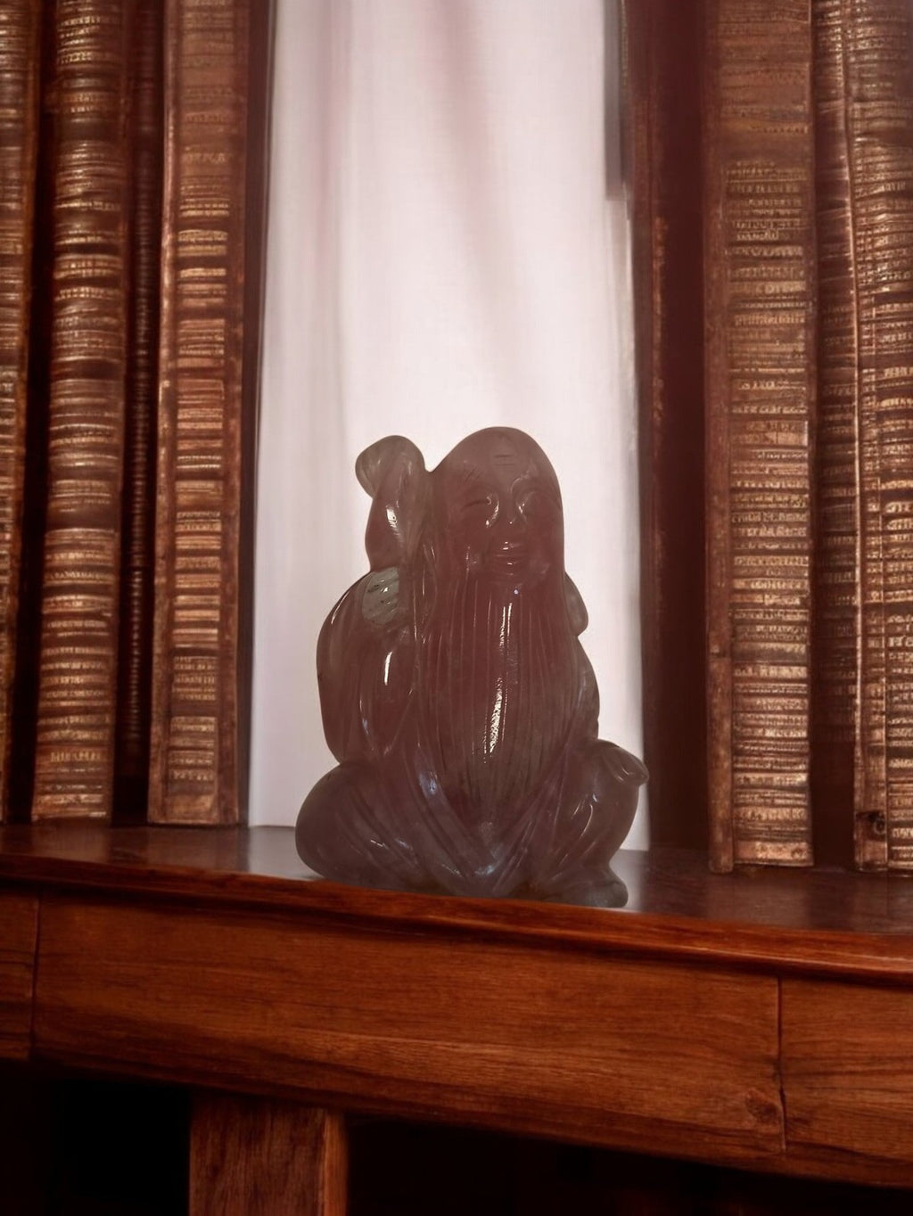 Statuette asiatique vintage en quartz rose, sculpture ancienne, déco zen