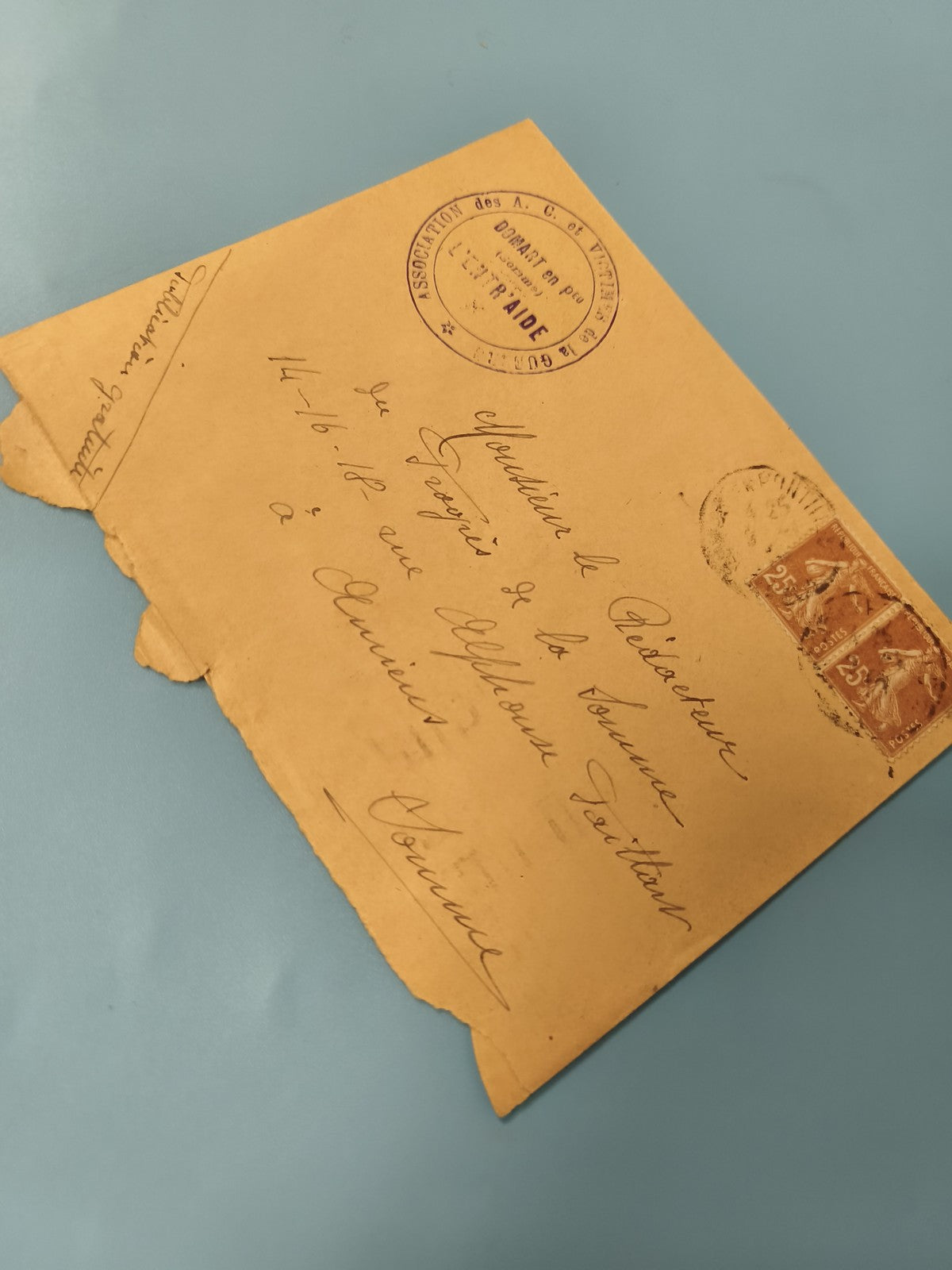 Ancienne enveloppe timbrée oblitérée collection philatélie écriture manuscrite
