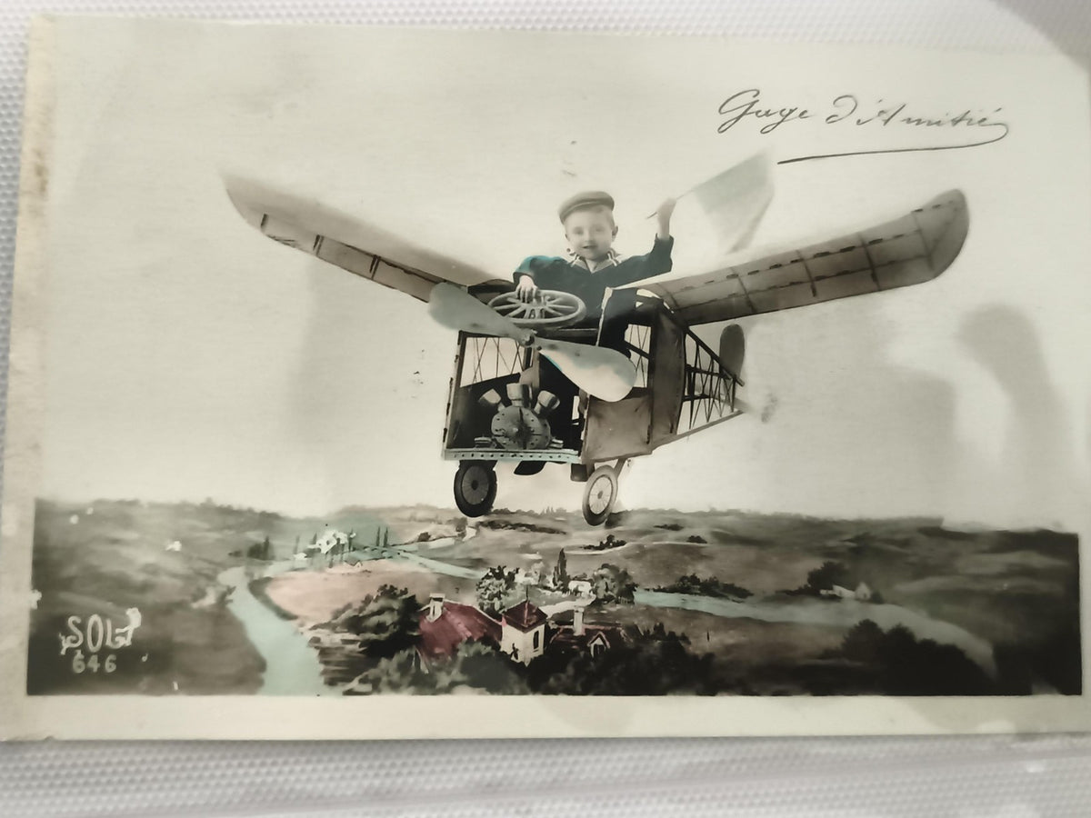 Carte postale ancienne avion enfant, fantaisie illustrée, Gage d'Amitié, SOL 646