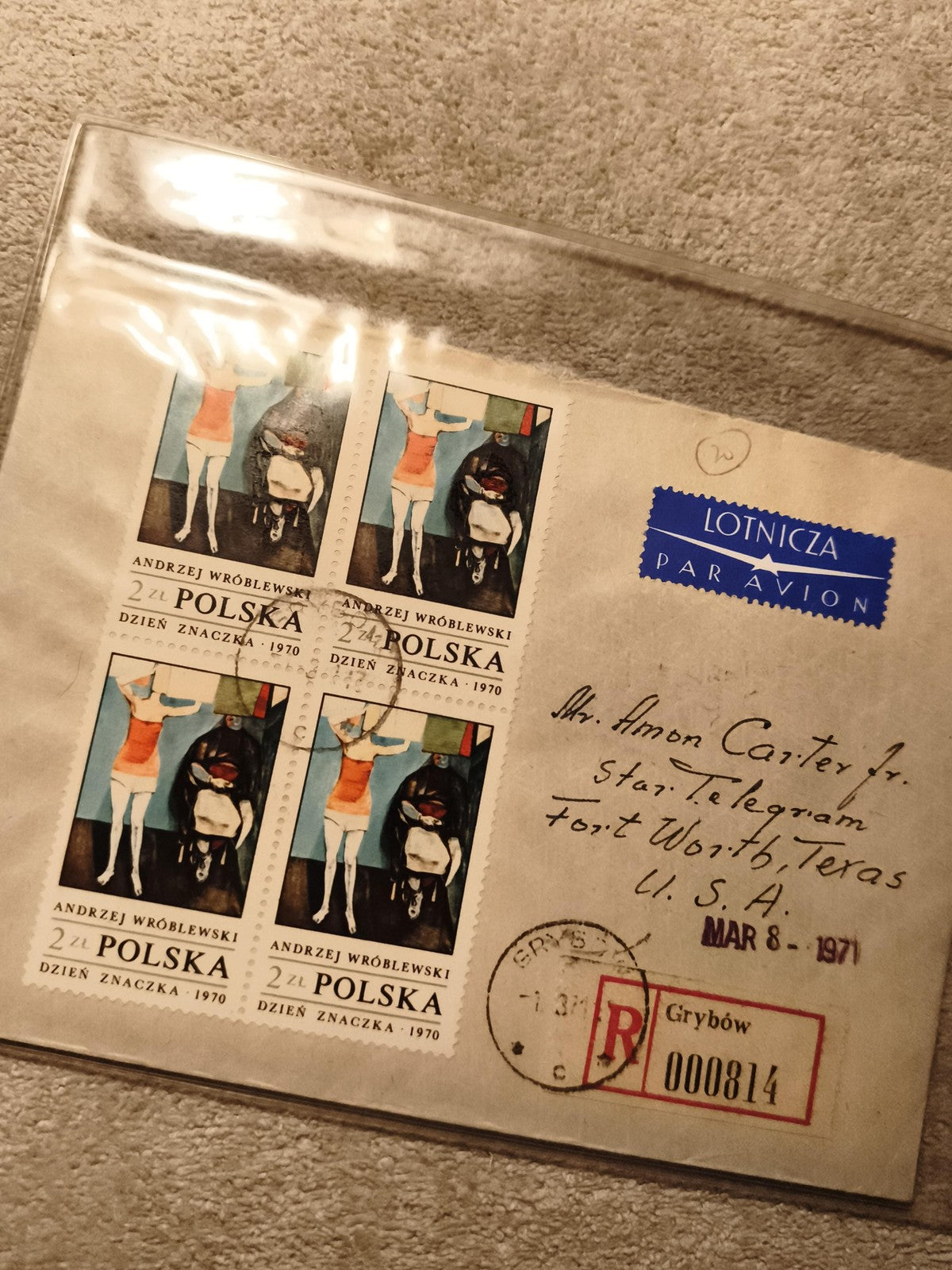Lettre recommandée Pologne 1971 timbres Andrzej Wróblewski 2zł Polska Dz. Znaczk