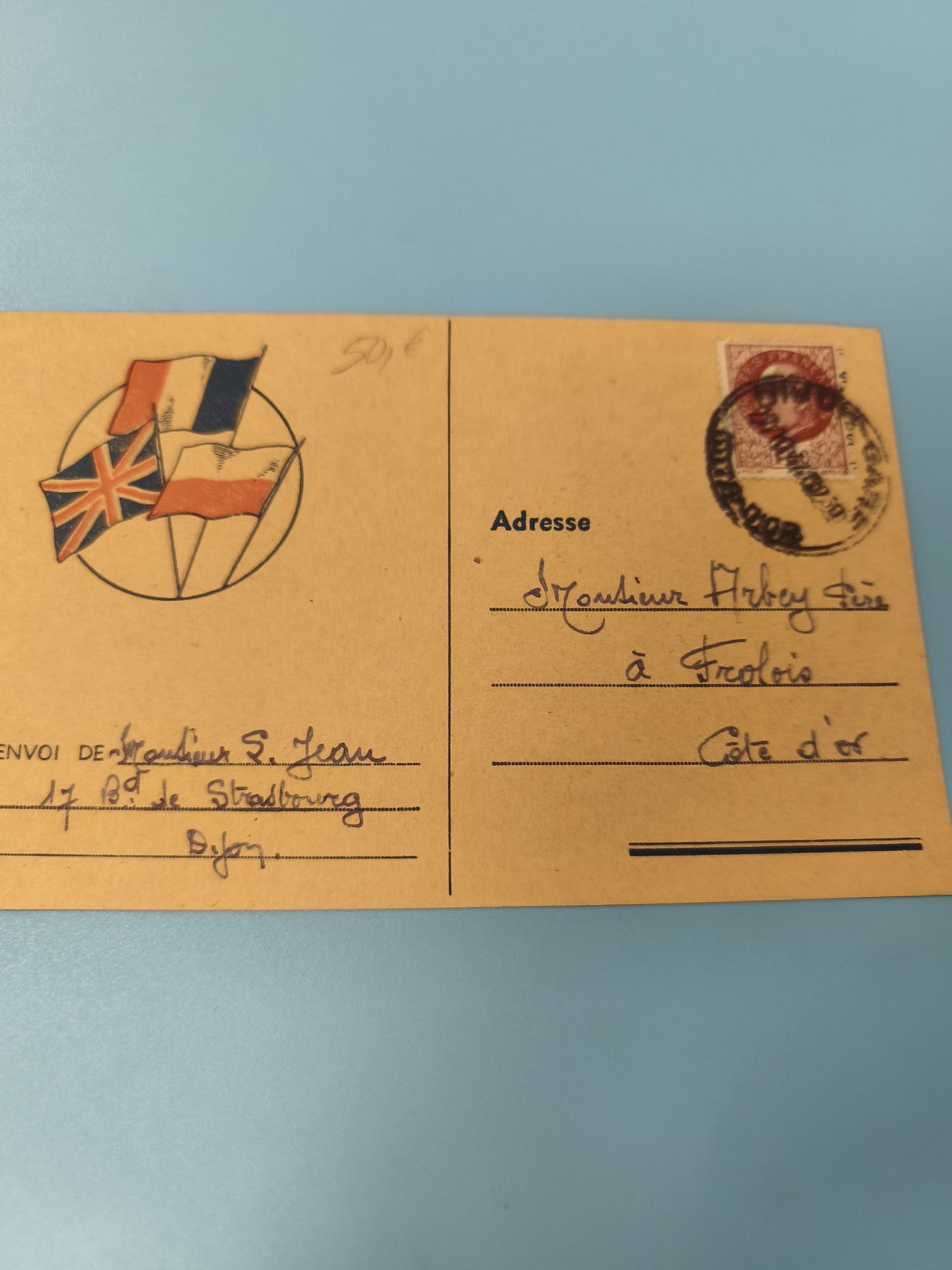 Carte ancienne philatélie drapeaux France Royaume-Uni Allemagne timbre oblitéré
