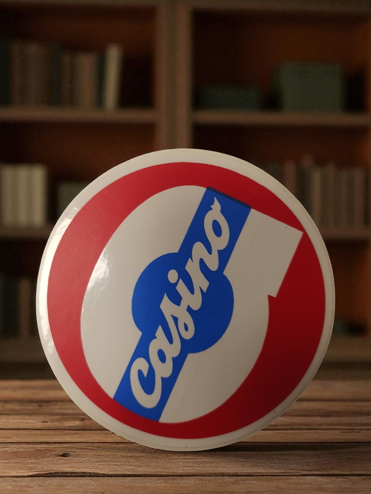 Autocollant ancien Casino rond vintage rétro pub déco, logo bleu rouge