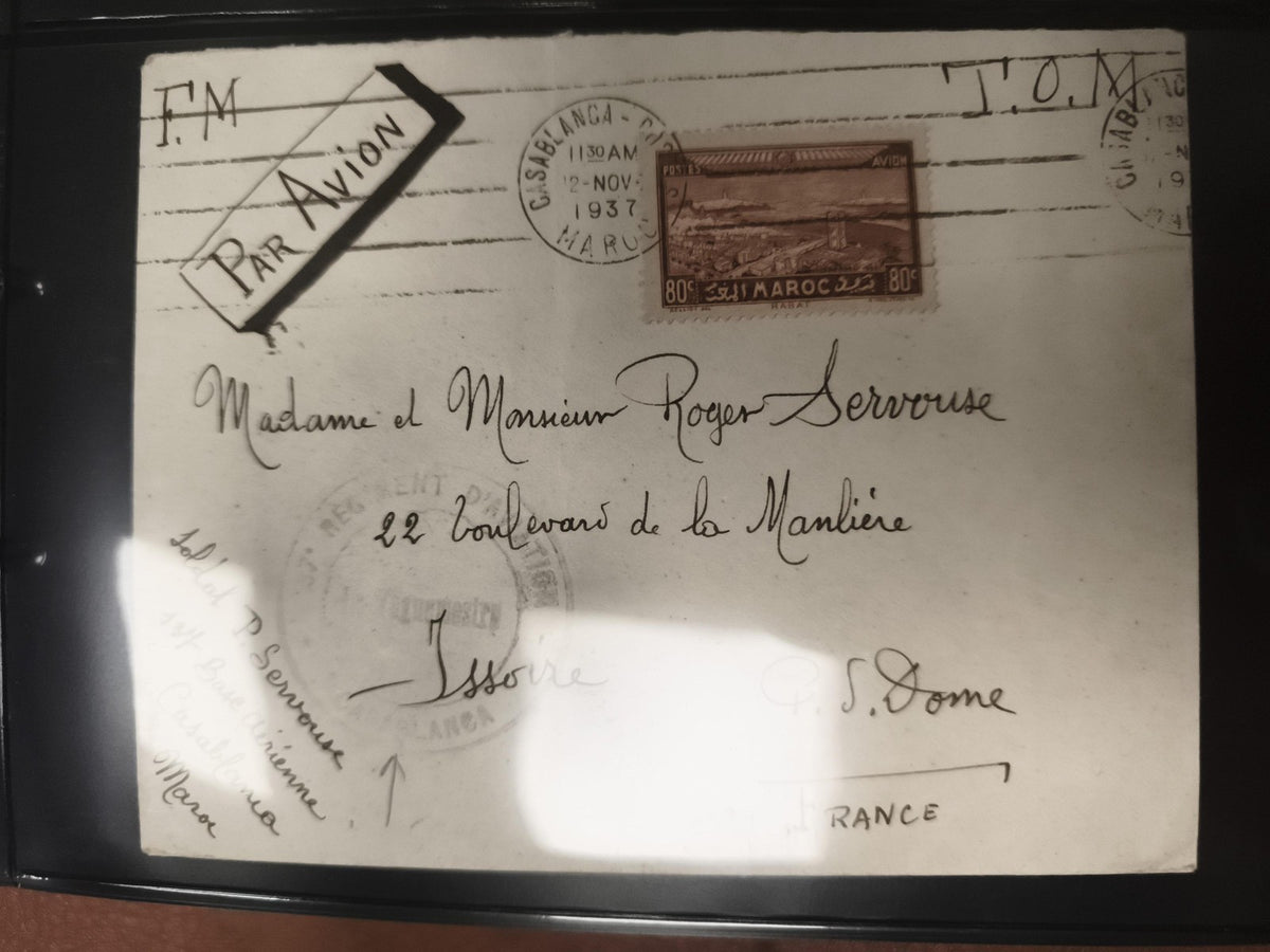 Lettre avion 1937 Maroc timbre 80c Casablanca FM philatélie poste aérienne