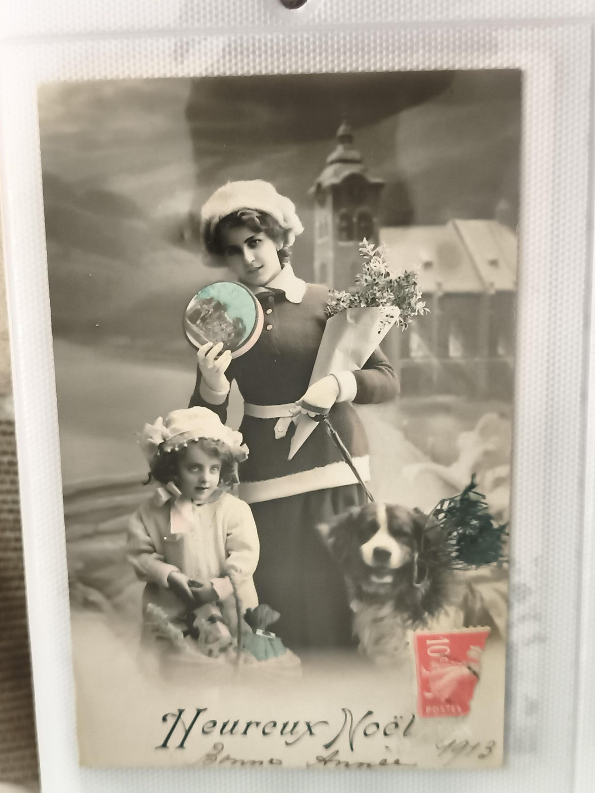 Carte postale ancienne Noël 1913, scène colorisée, timbre 10c, CPA vintage