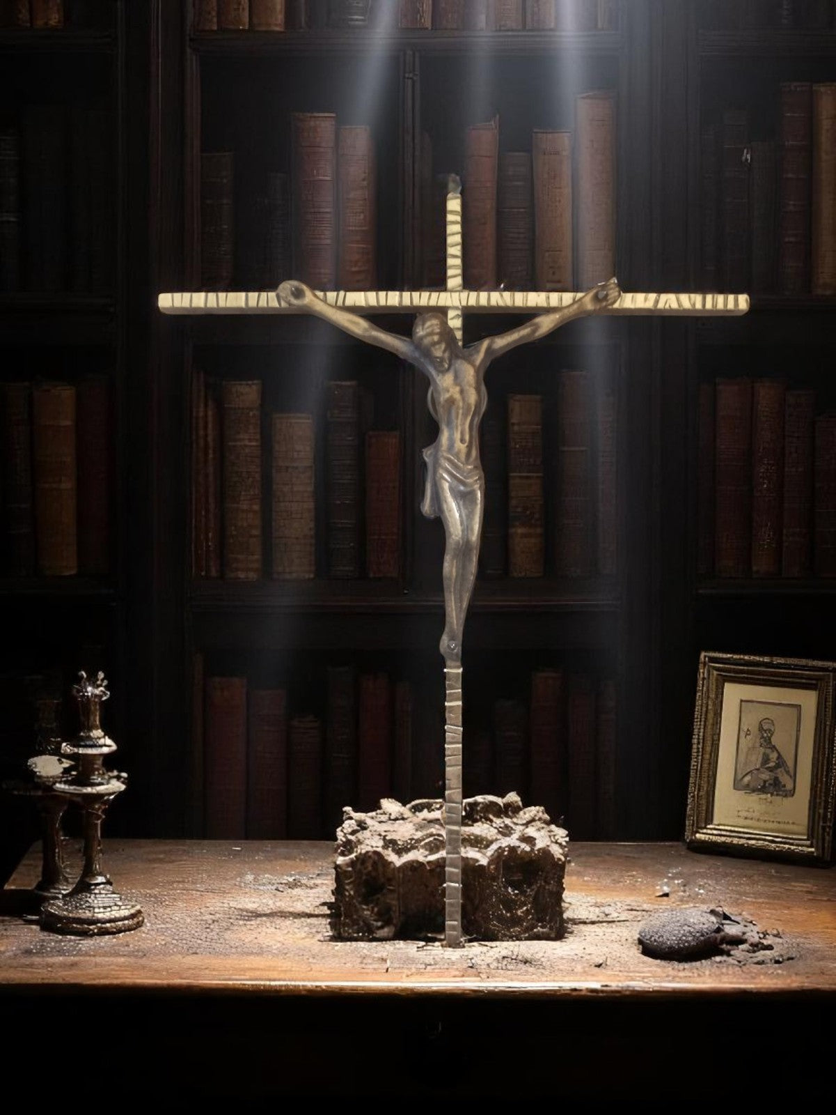 Crucifix ancien en bronze, Christ stylisé, croix nervurée, décoration religieuse