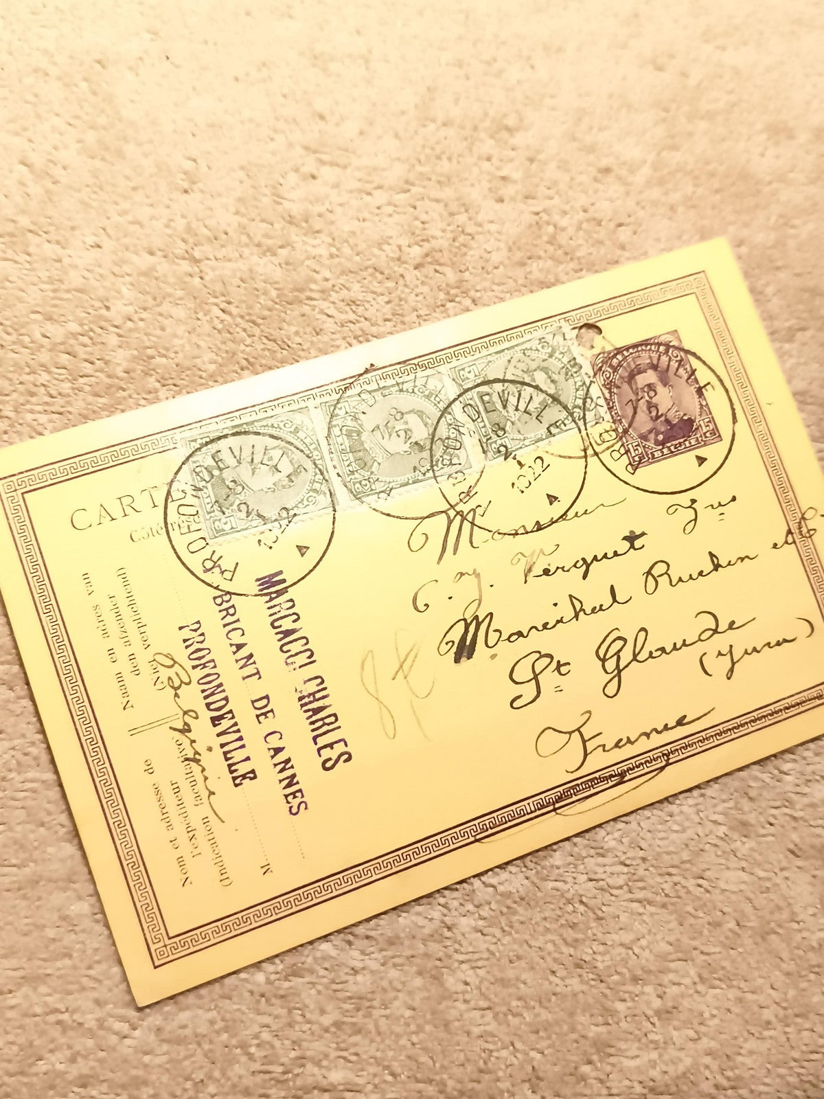Carte postale ancienne timbrée Profondville Warocq Charles Belgique philatélie