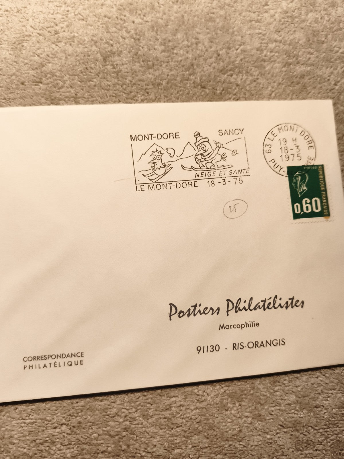 Lettre premier jour Mont-Dore 1975 cachet philatélique 0,60F Postiers Philatélis