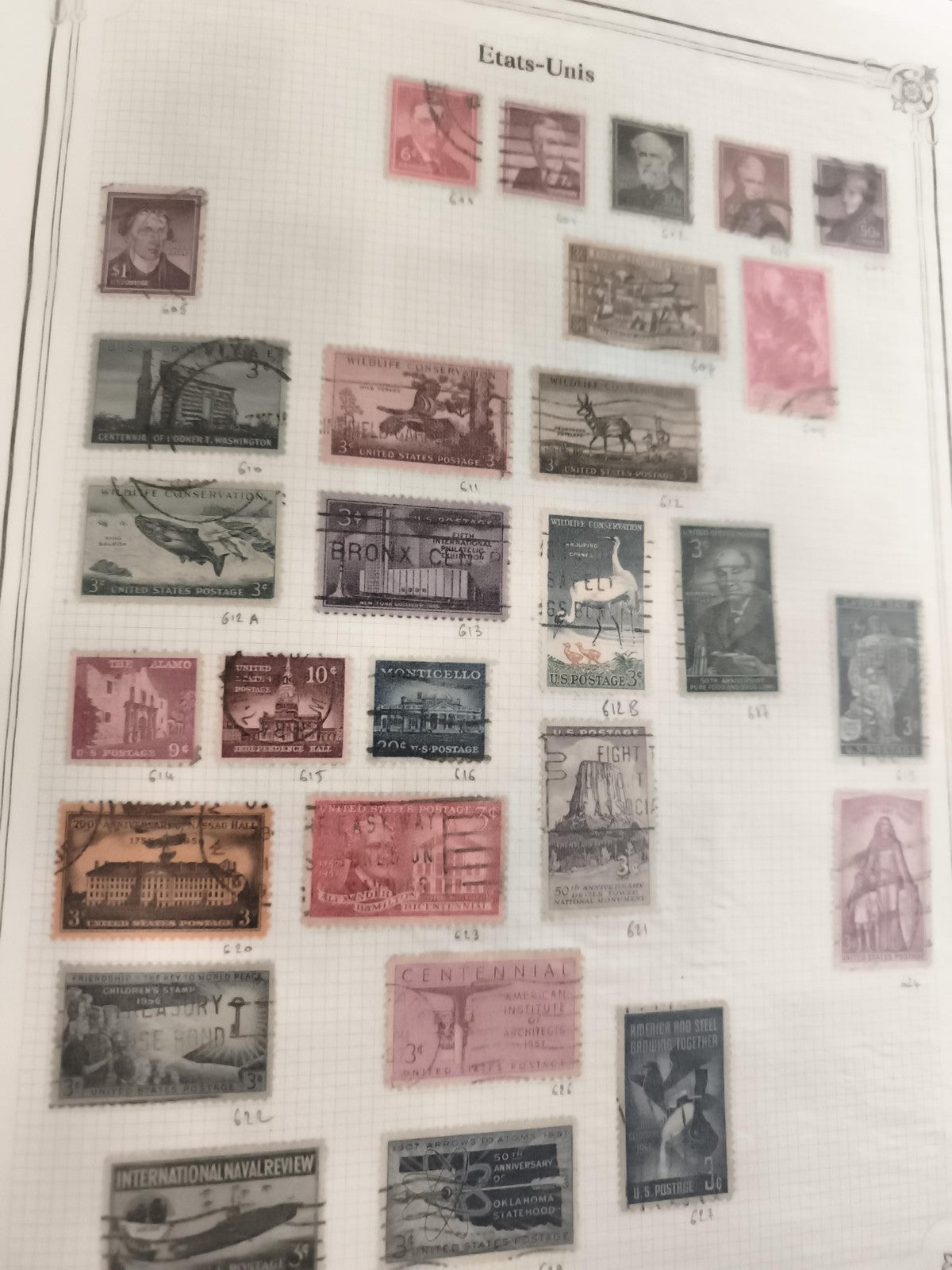 Timbres anciens États-Unis oblitérés, thématiques variées, philatélie vintage US