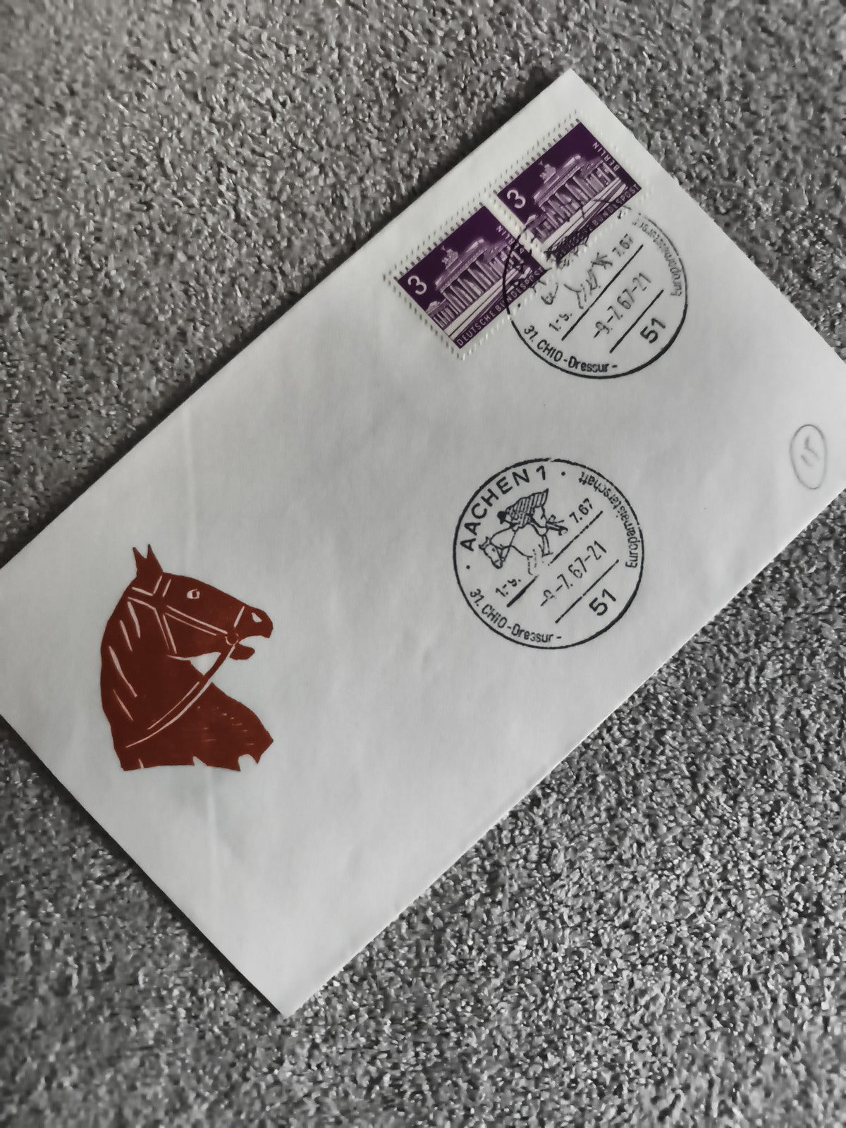 Lettre oblitérée Allemagne 1971 CHIO Aachen timbres 3pf cheval philatélie (Ref 2