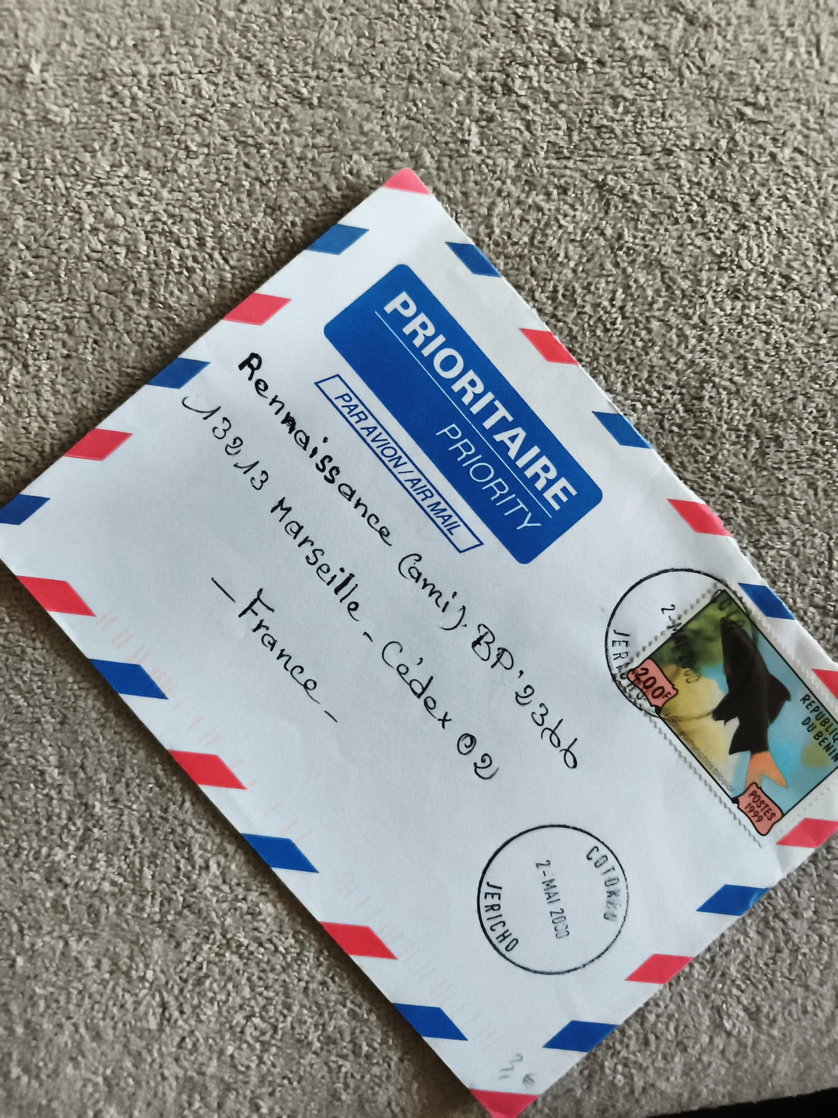 Lettre affranchie Bénin 200f 2003, enveloppe avion timbre poisson, cachet Jerich