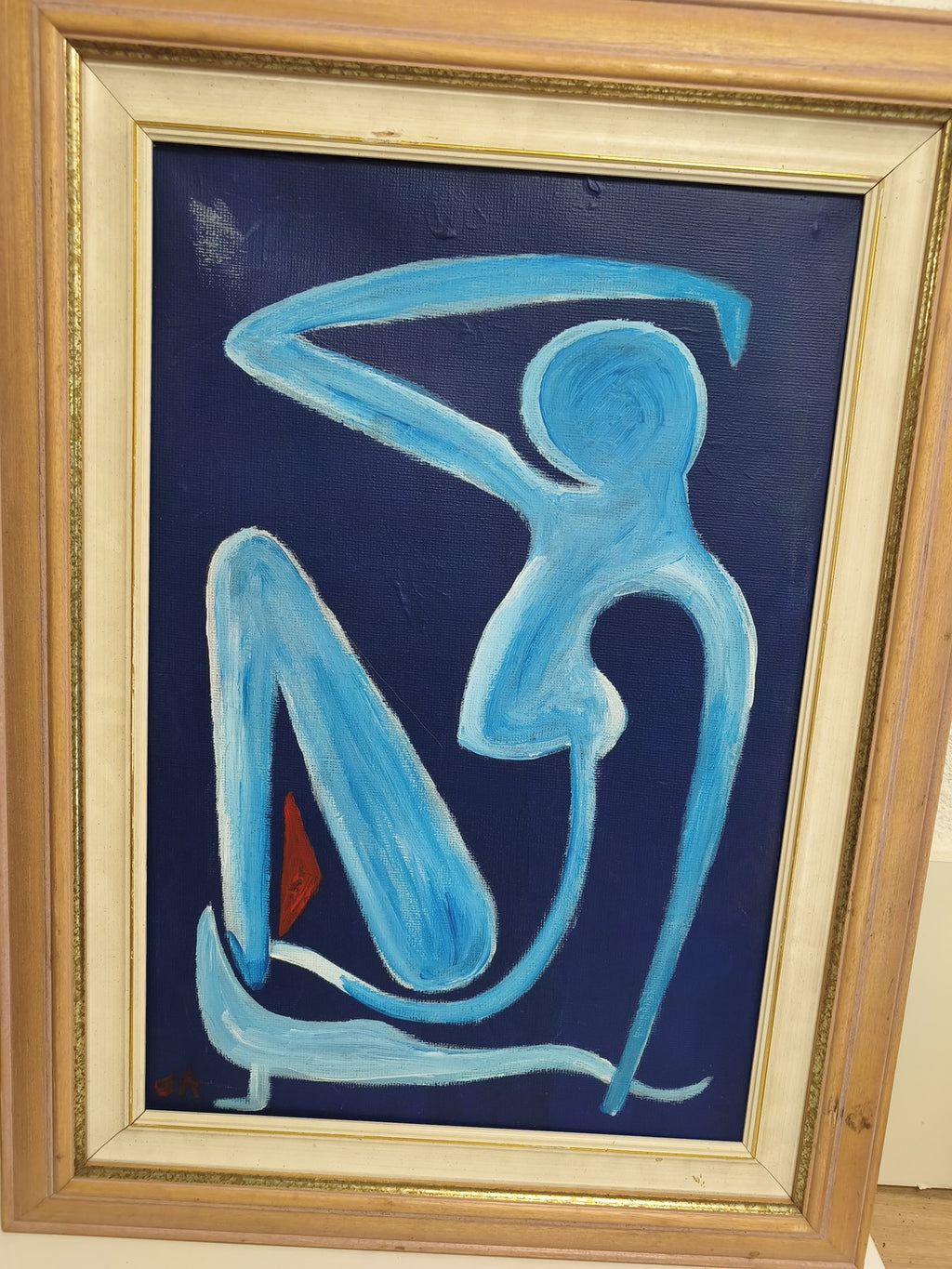 Tableau ancien abstrait bleu signé cadre bois doré peinture à venir récupérer