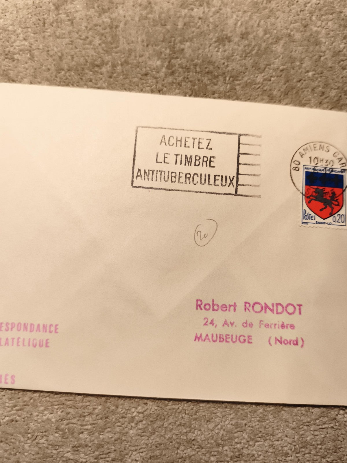 Lettre philatélique oblitérée Amiens 1982, timbre Saint-Valery, cachet antituber