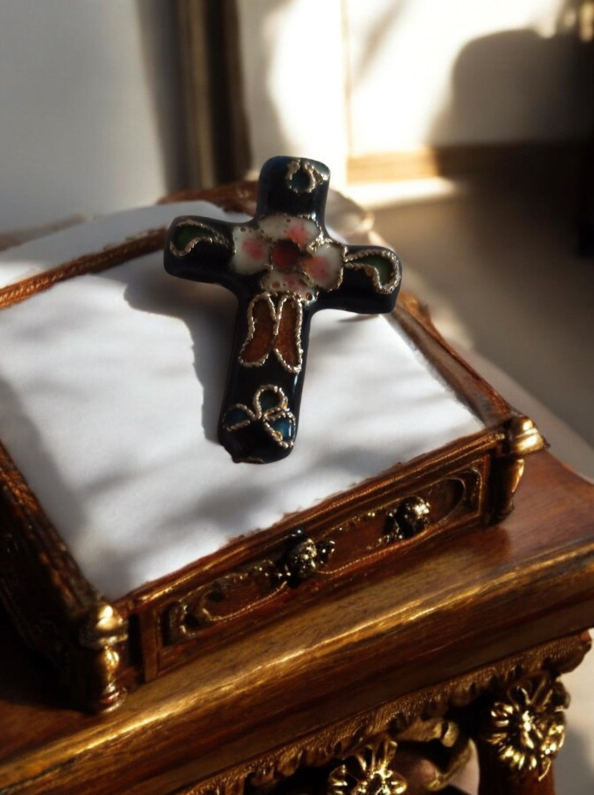 Vintage Black Enamel Decorative Religious Cross with Floral Motif, France
