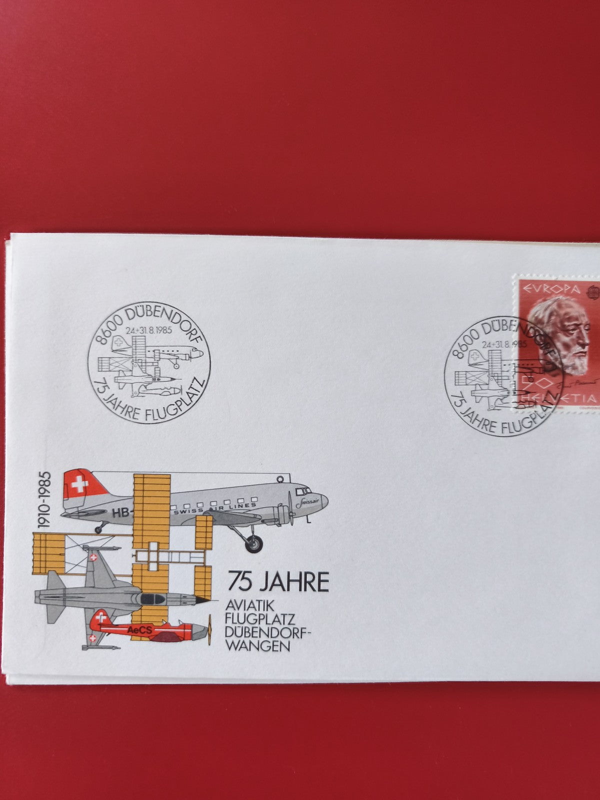 Enveloppe philatélie 75 Jahre Aviatik Flugplatz Dübendorf avion Swiss Air