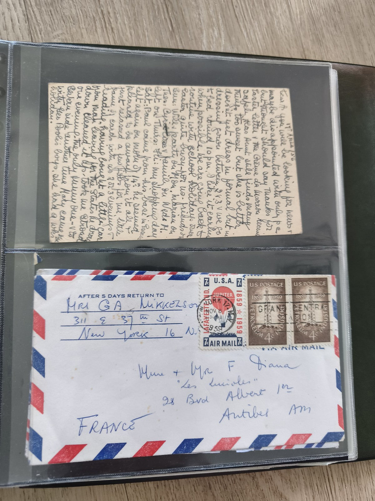 Ancienne enveloppe philatélie oblitérée USA-France, timbres 1959, Air Mail vinta