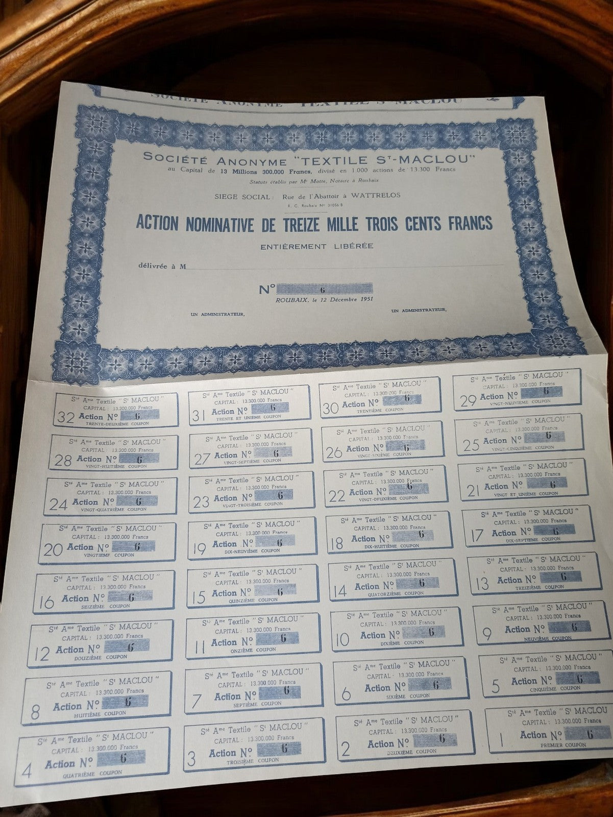 Action nominative Textile St-Maclou 1951, document financier vintage bleu