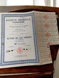 Action au porteur 100 Francs Société Générale Foncière années 1920 vintage