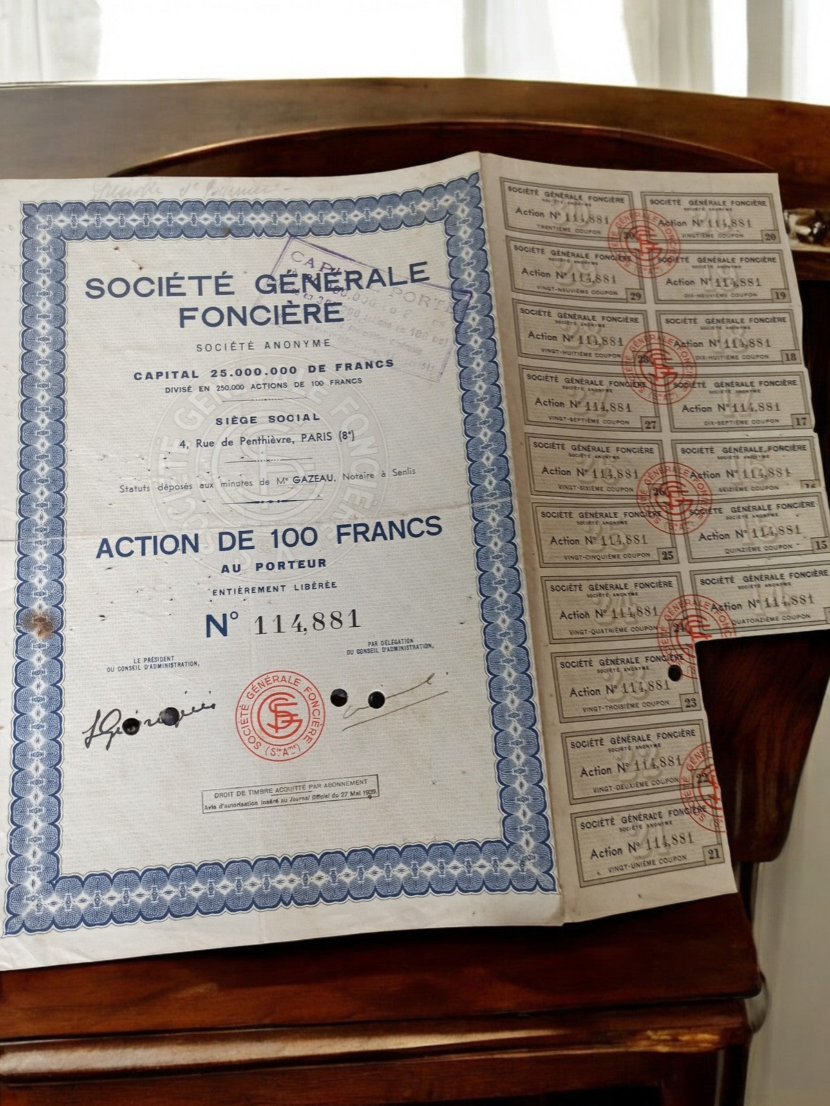 Action au porteur 100 Francs Société Générale Foncière années 1920 vintage